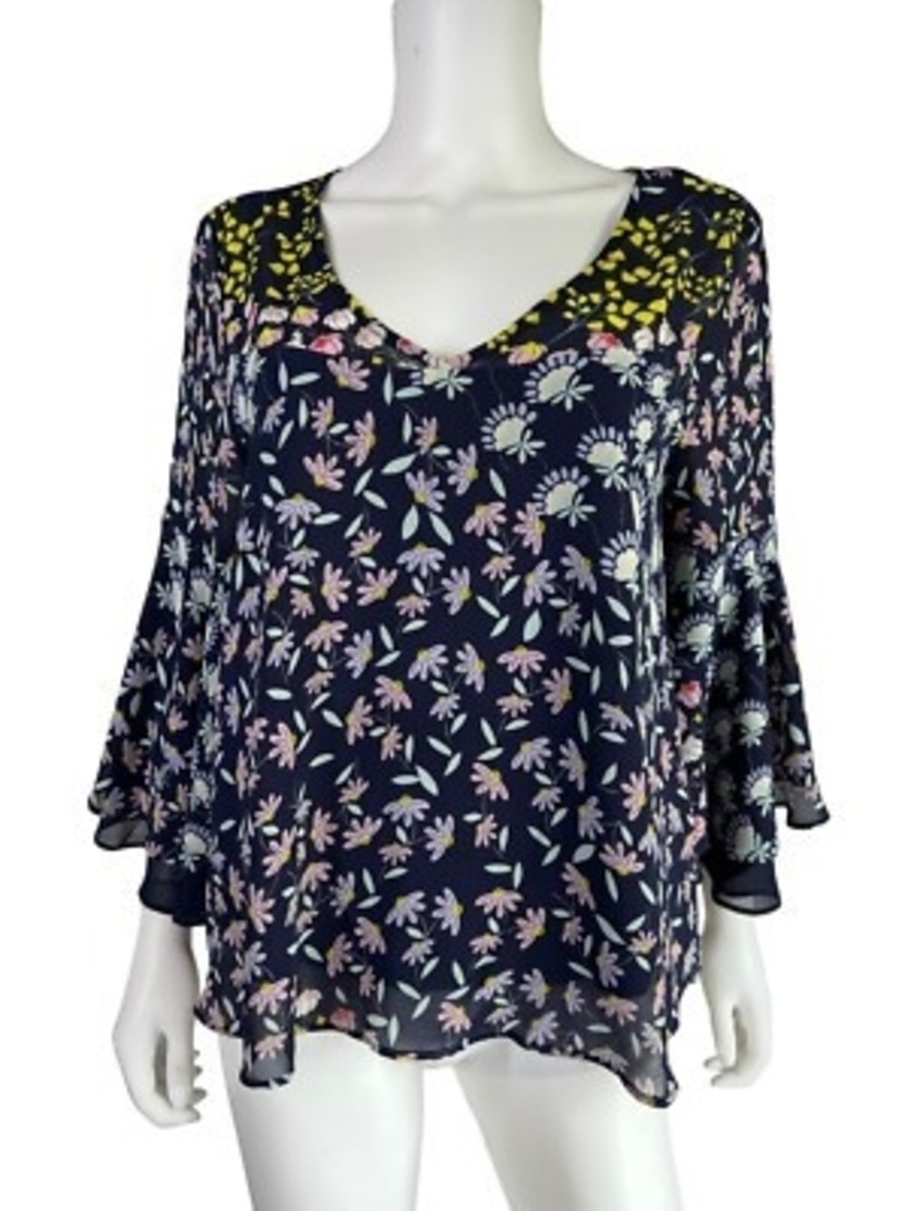 Nanette Lepore Navy Floral Bell-Sleeve Blouse with Yellow Yoke. Small
